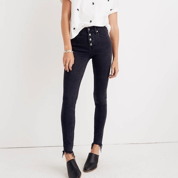 Madewell 9" High Rise Skinny Jeans Berkeley Black Button Fly Raw Hem 24 - Picture 1 of 12